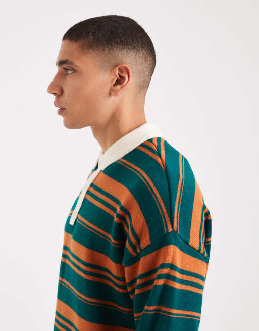 ASOS DESIGN relaxed knitted stripe rugby polo shirt in green and orange, 4 of 5