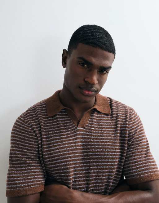 ASOS DESIGN relaxed knitted stripe textured notch neck in blue and brown, 5 of 5