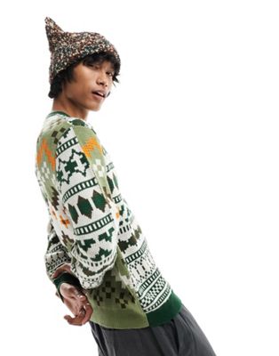 Asos Design Relaxed Knitted Sweater In Green Spliced Design