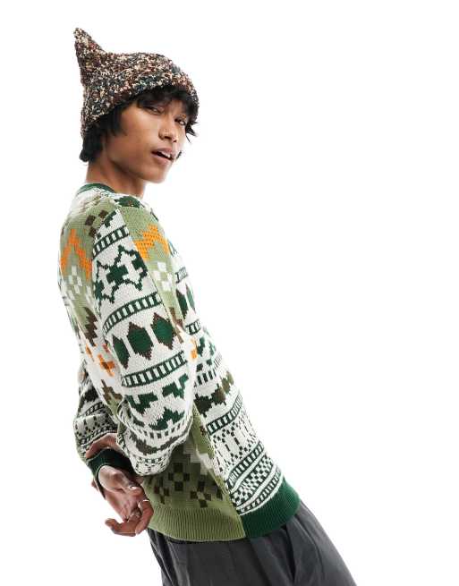 ASOS DESIGN relaxed knitted sweater in green spliced design
