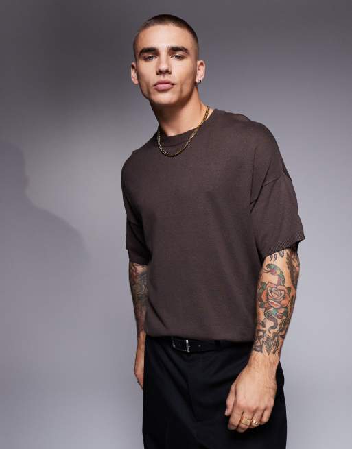 ASOS DESIGN relaxed knitted t-shirt in brown (part of a set), 2 of 4