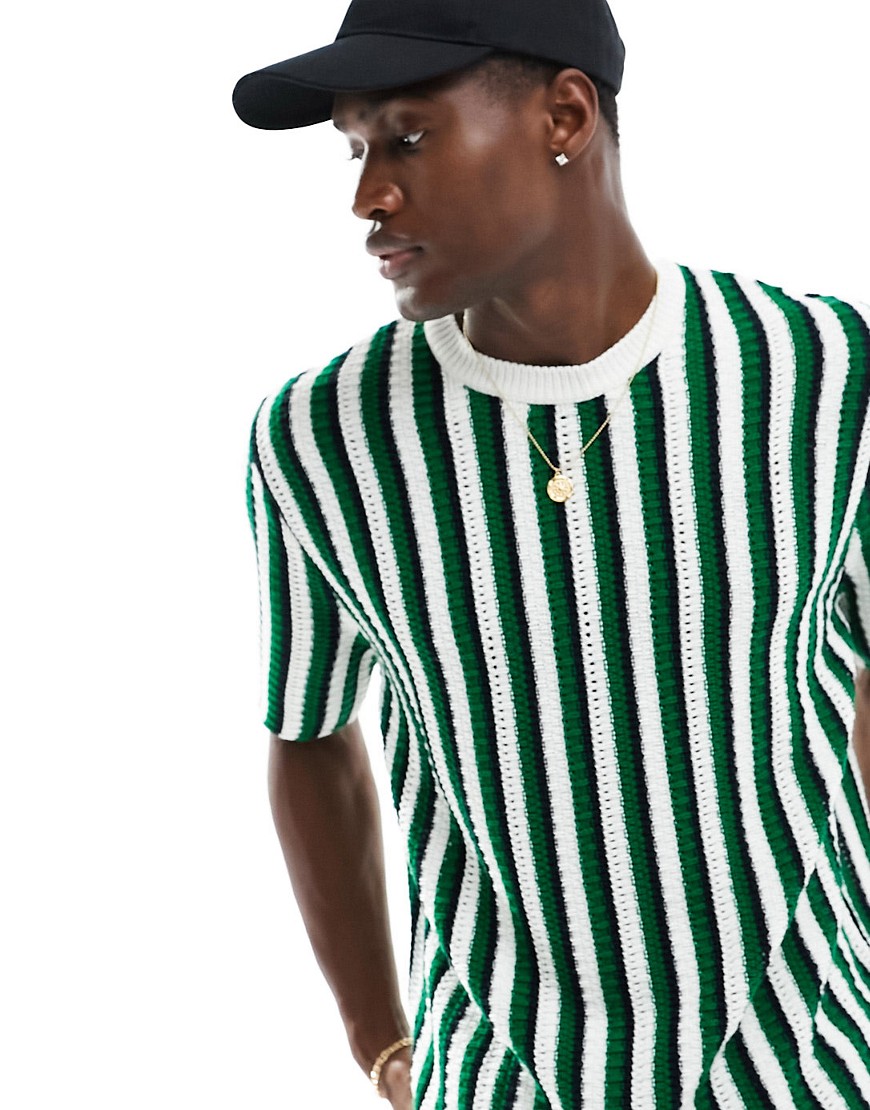 ASOS DESIGN relaxed knitted t-shirt in green textured stripe-White