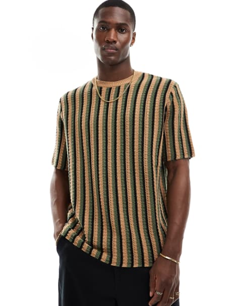 ASOS DESIGN relaxed knitted t-shirt in green textured stripe - view 1