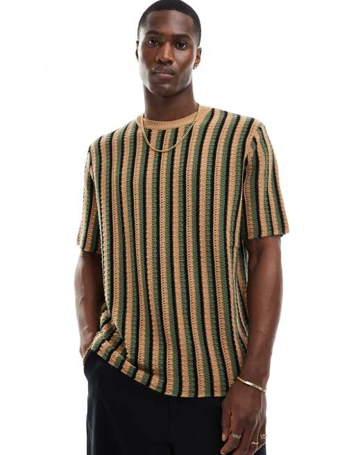 ASOS DESIGN relaxed knitted t-shirt in green textured stripe