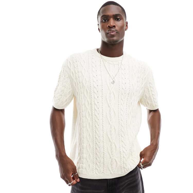 ASOS DESIGN relaxed knitted t-shirt in slubby cable in ecru