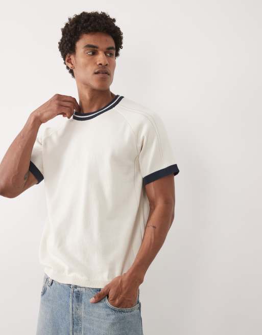 ASOS DESIGN relaxed knitted t-shirt with navy tipping in cream, 4 of 5