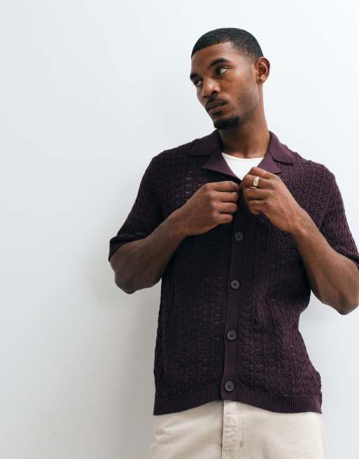 ASOS DESIGN relaxed knitted textured button through in plum, 2 of 5