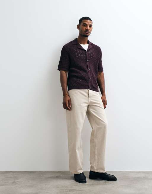 ASOS DESIGN relaxed knitted textured button through in plum, 3 of 5