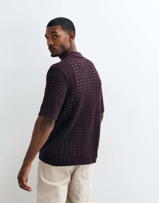 ASOS DESIGN relaxed knitted textured button through in plum, 5 of 5