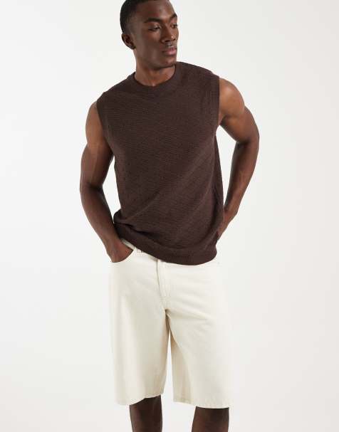 ASOS DESIGN relaxed knitted textured cable singlet in brown - view 1