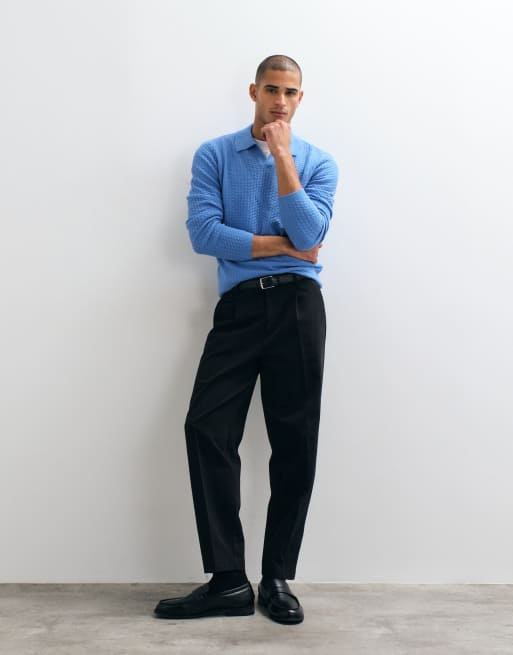 ASOS DESIGN relaxed knitted textured long sleeve notch neck in blue, 3 of 5