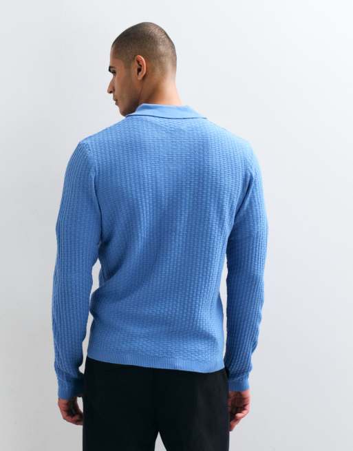 ASOS DESIGN relaxed knitted textured long sleeve notch neck in blue, 5 of 5