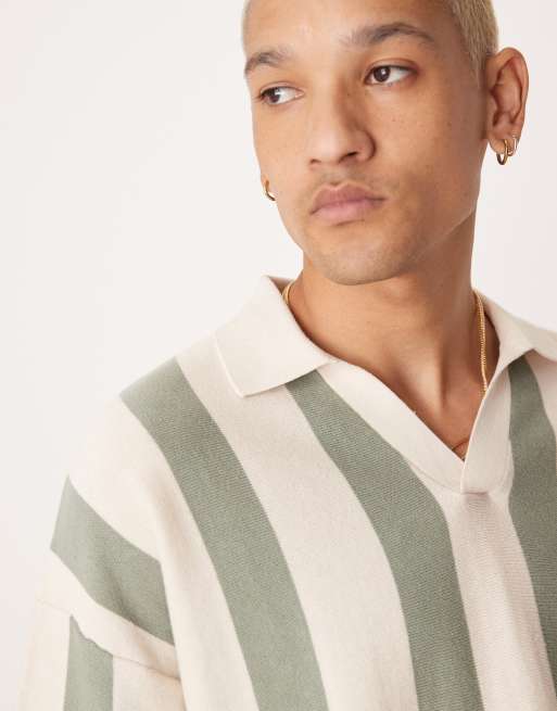 ASOS DESIGN relaxed fit knit textured notch neck polo in ecru and green stripe 