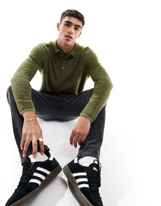 ASOS DESIGN relaxed knitted textured polo jumper in dark green - DGREEN