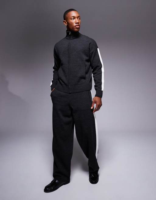 ASOS DESIGN relaxed knitted track set with side stripe in dark gray
