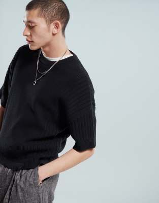 Asos Design Relaxed Knitted Tshirt With Rib Panel In Black