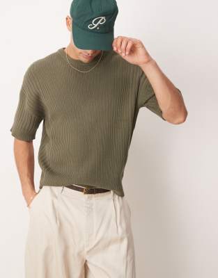 Asos Design Relaxed Knitted Tshirt With Rib Panel In Khaki-green