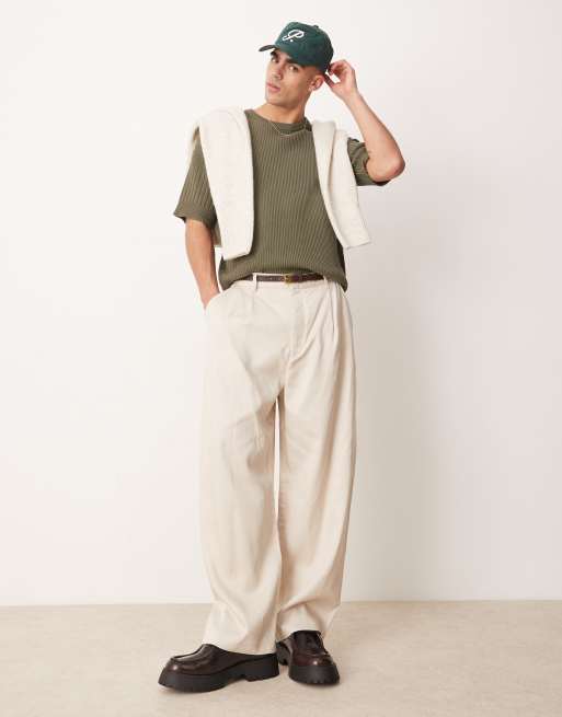 ASOS DESIGN relaxed knitted tshirt with rib panel in khaki