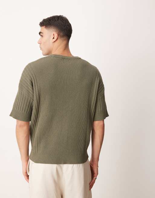 ASOS DESIGN relaxed knitted tshirt with rib panel in khaki