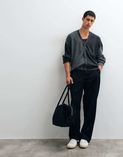 ASOS DESIGN relaxed knitted v neck cardigan in colour block grey, 2 of 5