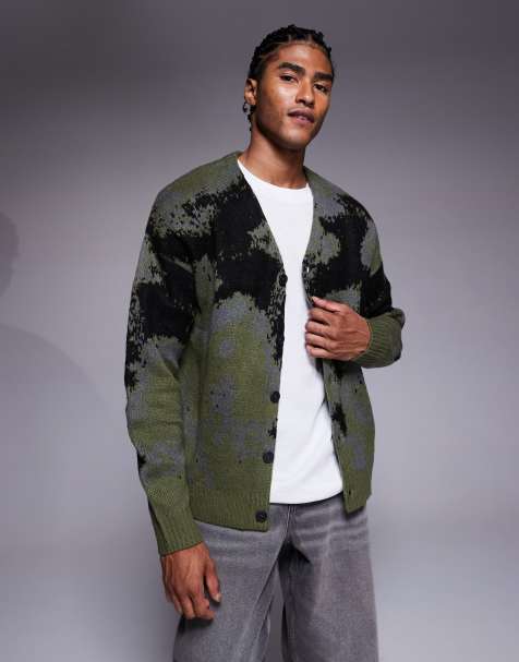 ASOS DESIGN relaxed knitted v-neck cardigan in green abstract print - view 1
