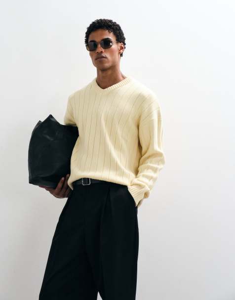 ASOS DESIGN relaxed knitted v neck jumper in yellow rib - view 1