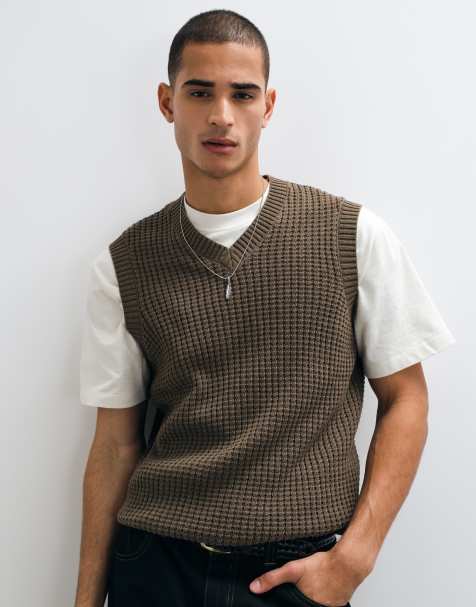 ASOS DESIGN relaxed knitted waffle singlet in brown - view 1