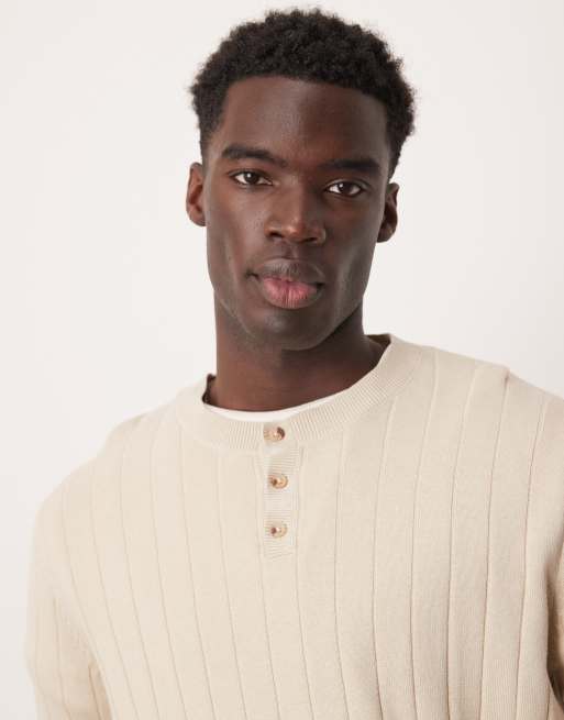 ASOS DESIGN relaxed knitted wide rib grandad neck sweater in oatmeal | ASOS