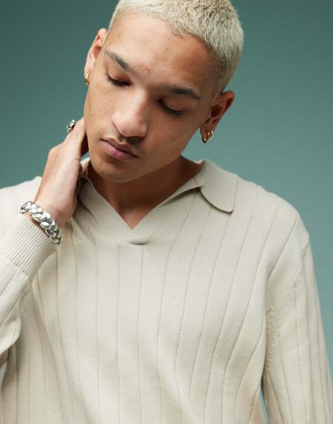ASOS DESIGN relaxed knitted wide rib notch neck jumper in oatmeal - view 1