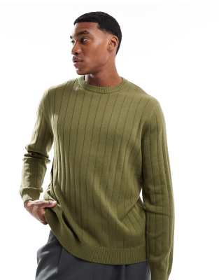 Asos Design Relaxed Knitted Wide Rib Sweater In Khaki-green