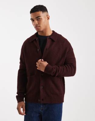 ASOS DESIGN relaxed knitted wool blend cardigan with front pockets in burgundy-Red