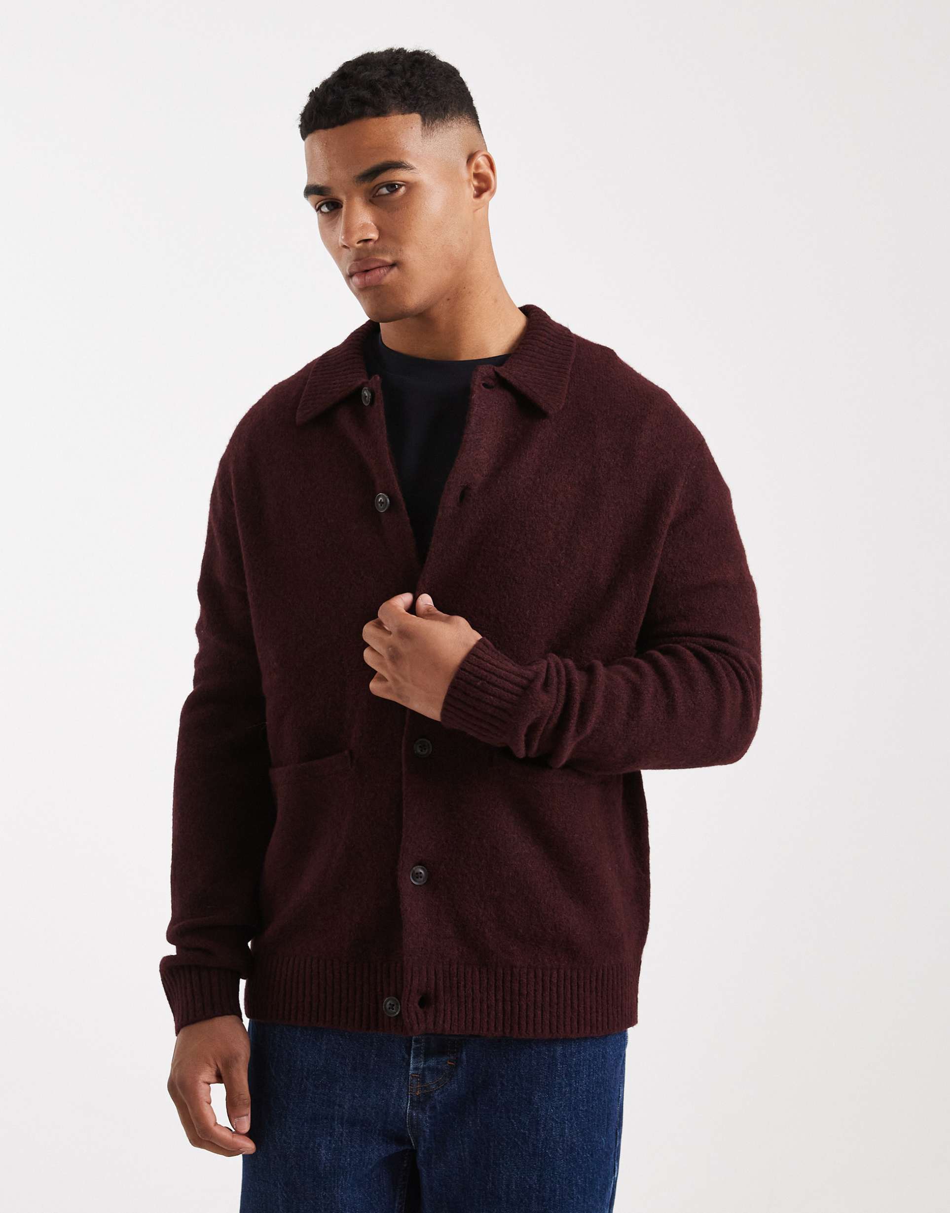 ASOS DESIGN relaxed knitted wool blend cardigan with front pockets in burgundy