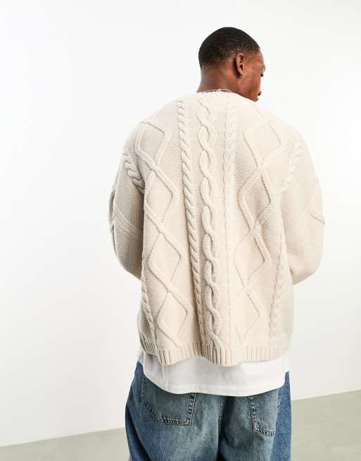 ASOS DESIGN relaxed knitted wool mix cable sweater in oatmeal | ASOS