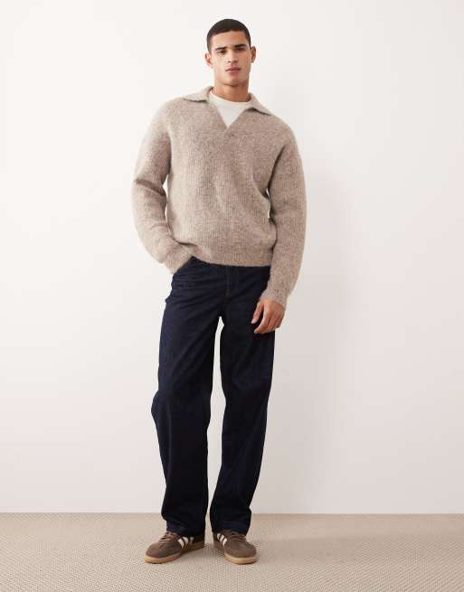 ASOS DESIGN relaxed knitted wool mix notch neck polo jumper in beige, 2 of 5