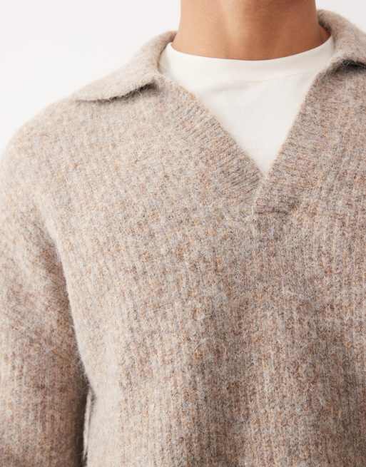ASOS DESIGN relaxed knitted wool mix notch neck polo jumper in beige, 5 of 5