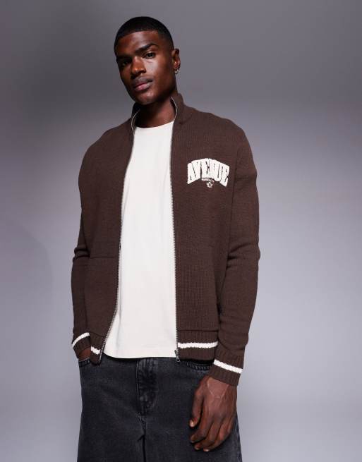 ASOS DESIGN relaxed knitted zip-through track-style jacket with Marseille print in brown