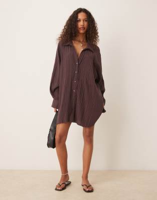 ASOS DESIGN relaxed laundered shirt mini dress in washed chocolate-Multi