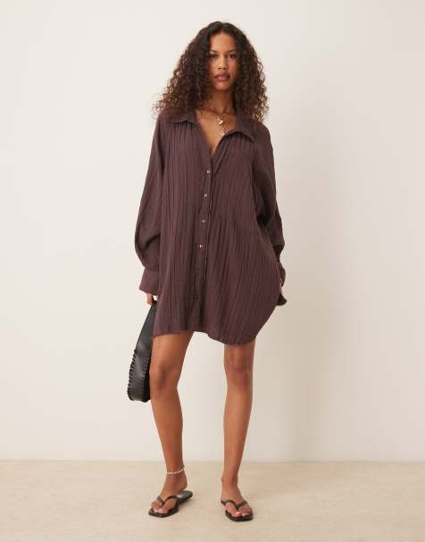 ASOS DESIGN relaxed laundered shirt mini dress in washed chocolate - view 1