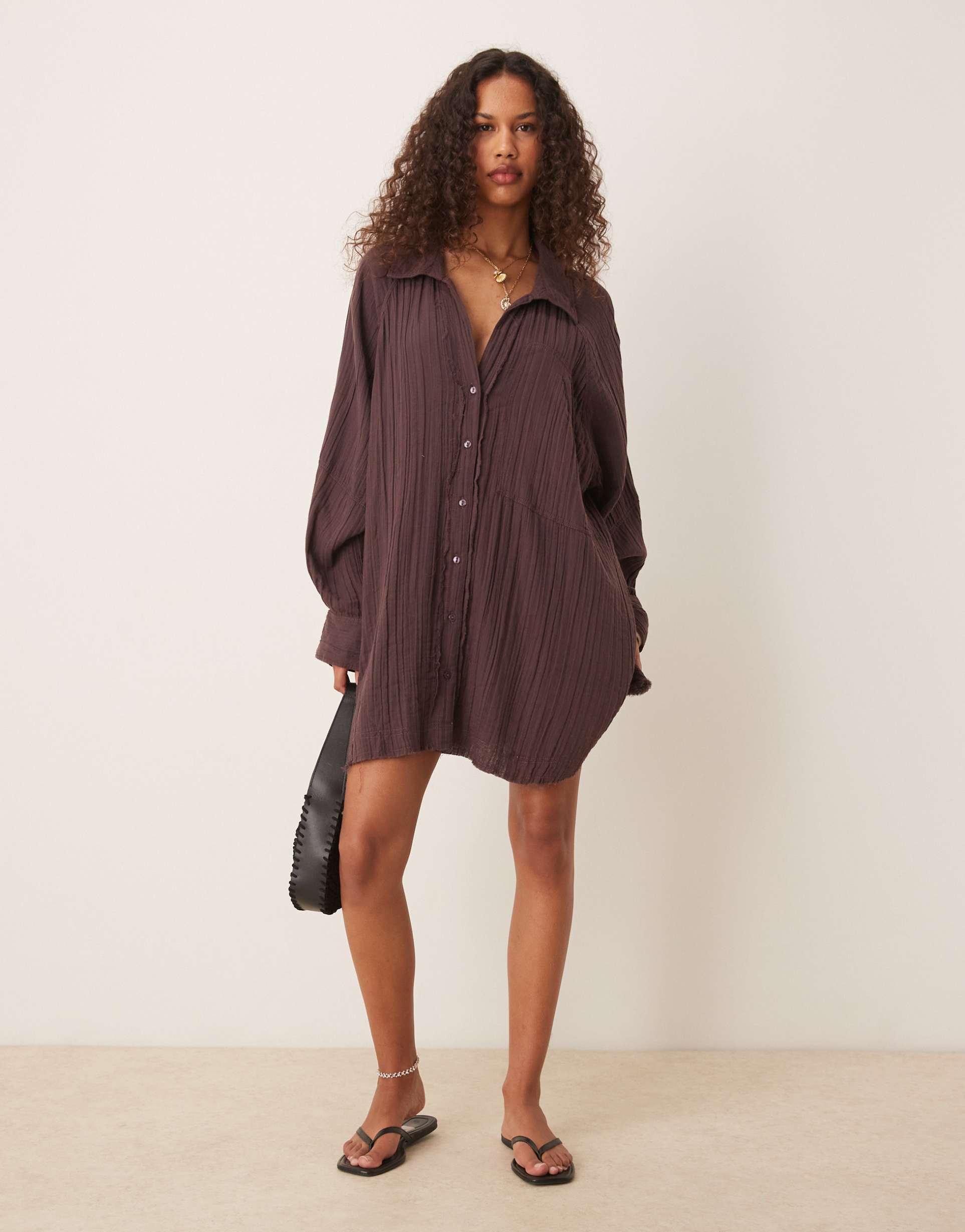 asos design relaxed laundered shirt mini dress in washed chocolate