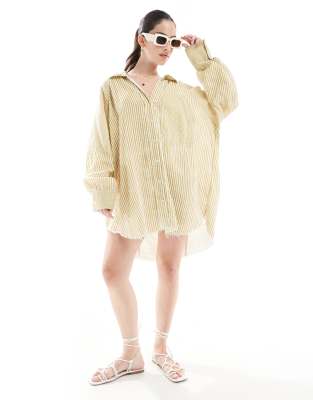 ASOS DESIGN relaxed laundered shirt mini dress in washed lime spliced stripe - view 1