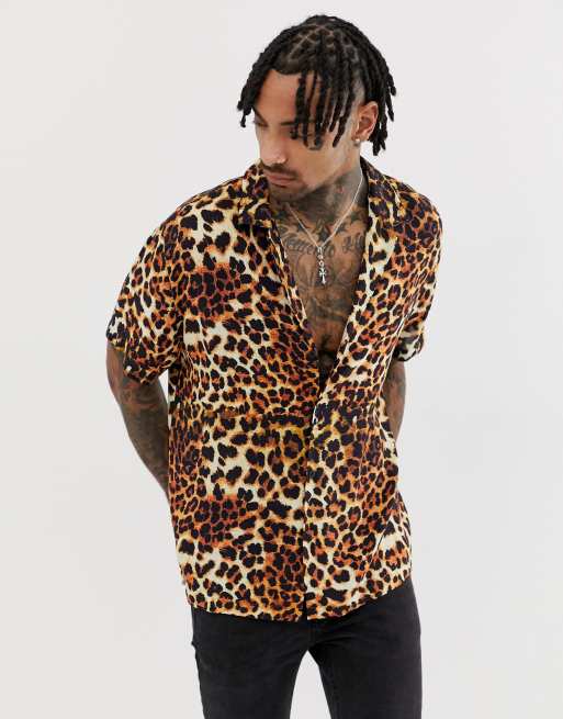 ASOS DESIGN relaxed leopard shirt with deep revere collar