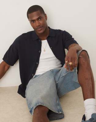 Asos Design Relaxed Lightweight Knitted Cotton Button Through Polo In Navy