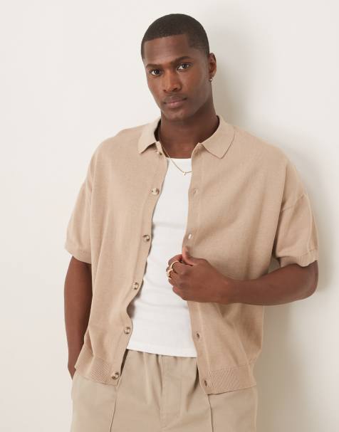 ASOS DESIGN relaxed lightweight knitted cotton button through polo in stone - view 1