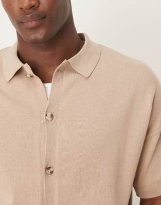 Asos Design Relaxed Lightweight Knitted Cotton Button Through Polo In Neutral