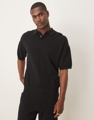 Asos Design Relaxed Lightweight Knitted Cotton Pique Polo In Black