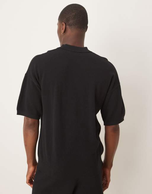 ASOS DESIGN relaxed lightweight knitted cotton pique polo in black
