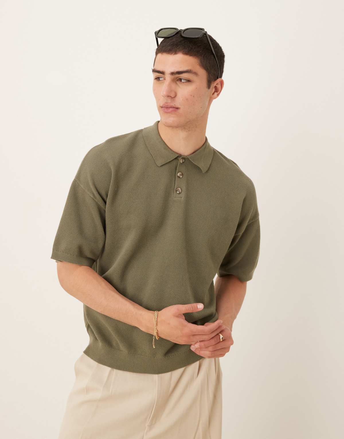 ASOS DESIGN relaxed lightweight knitted cotton  pique polo in khaki