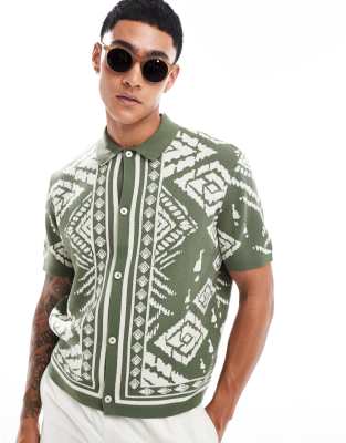 ASOS DESIGN relaxed lightweight knitted shirt with bandana border print in khaki-Green