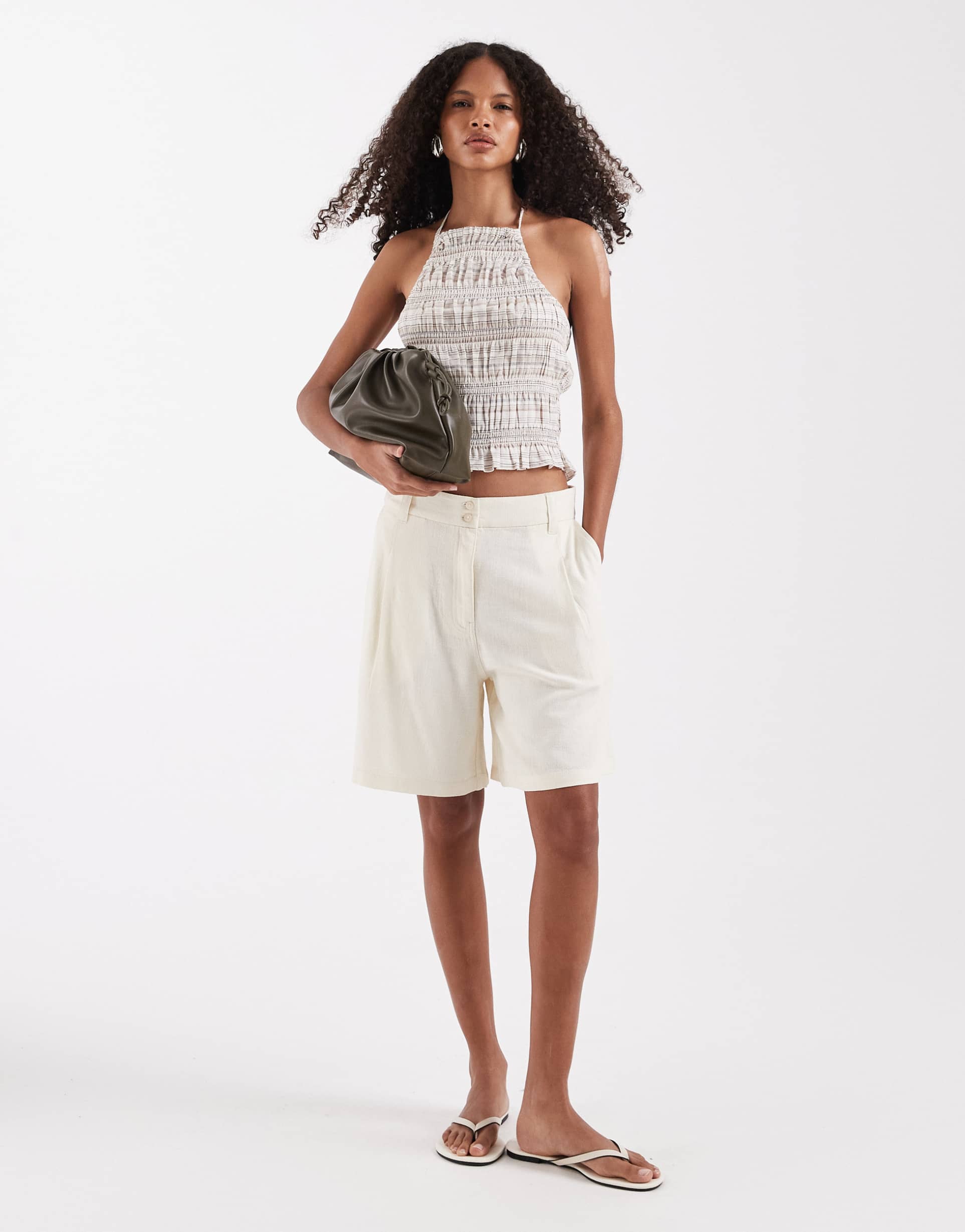 asos design relaxed linen blend dad shorts in cream