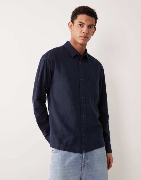 ASOS DESIGN relaxed linen-blend shirt in navy (Part of a set) - view 1